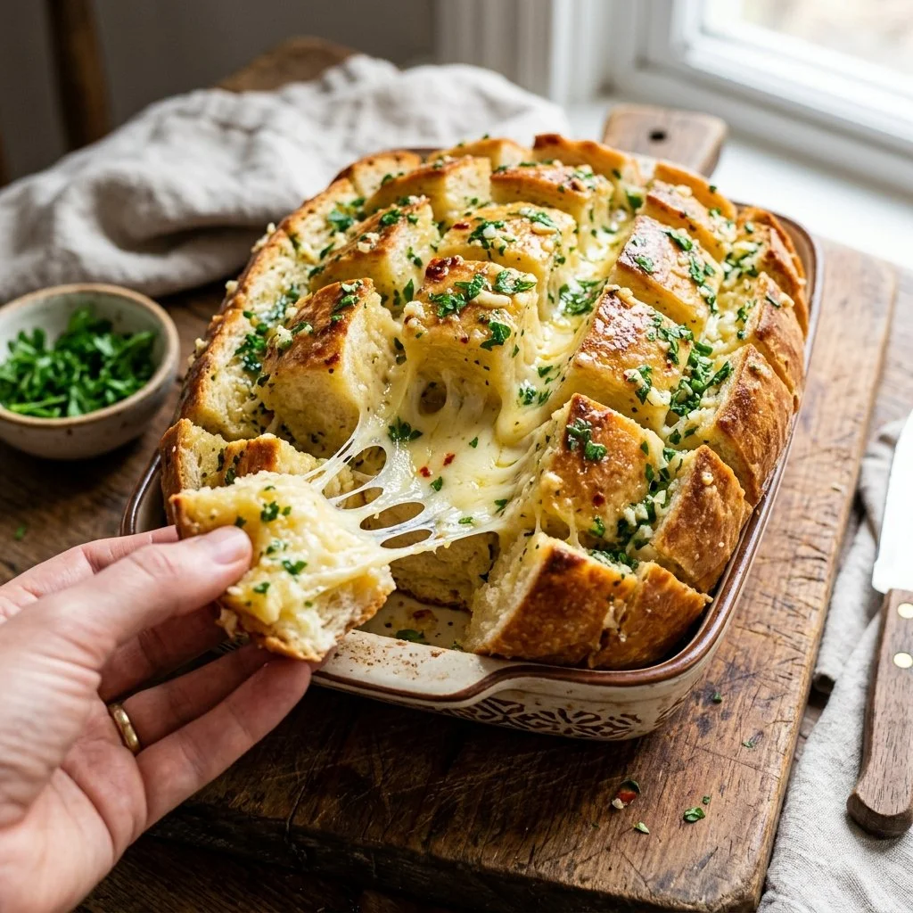 Cheesy pull apart bread served warm and gooey, perfect for sharing.