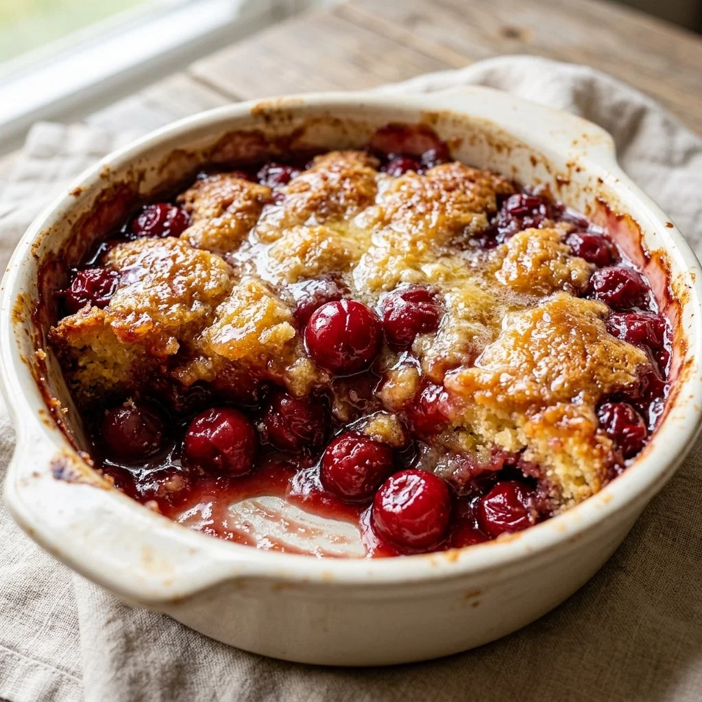 Delicious Cherry Dump Cake topped with whipped cream and cherries