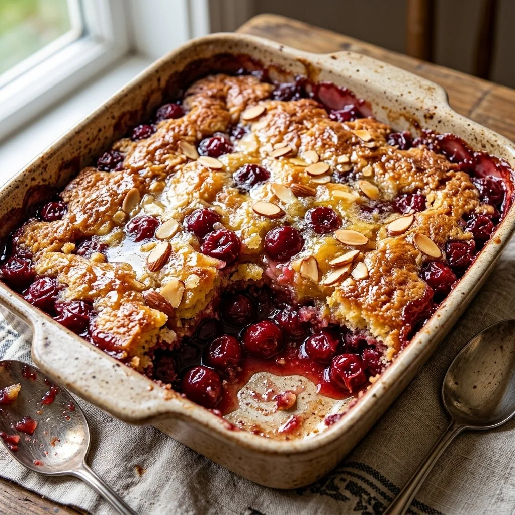 Easy Cherry Dump Cake topped with cherries and a golden crust