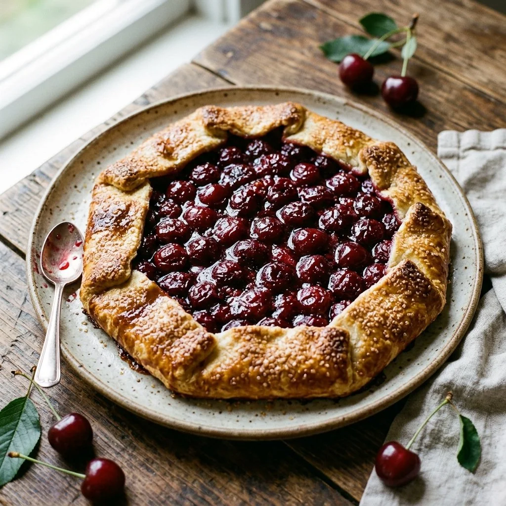 Delicious cherry galette with fresh cherries on a rustic tart crust