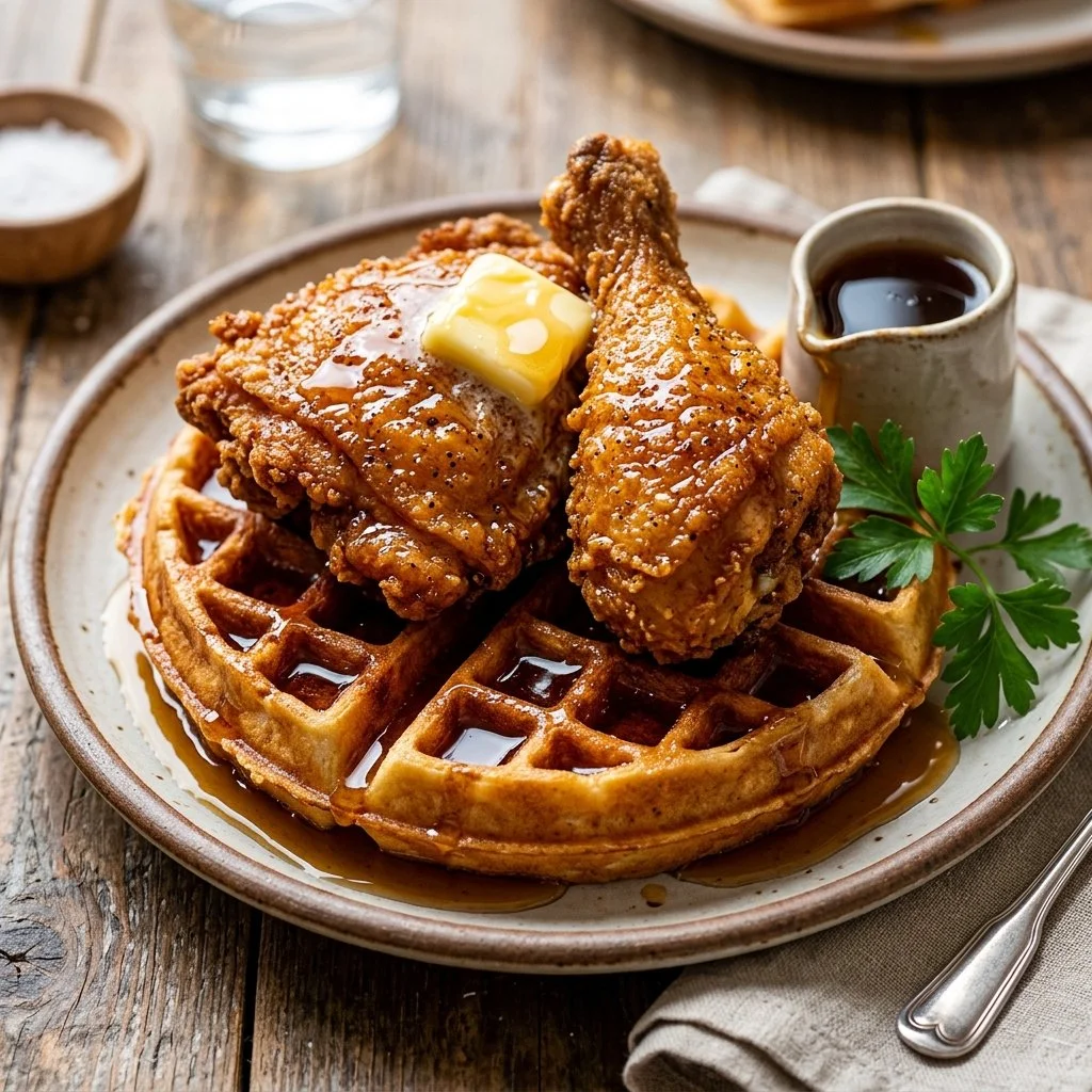 Delicious plate of Chicken and Waffles with syrup and garnish