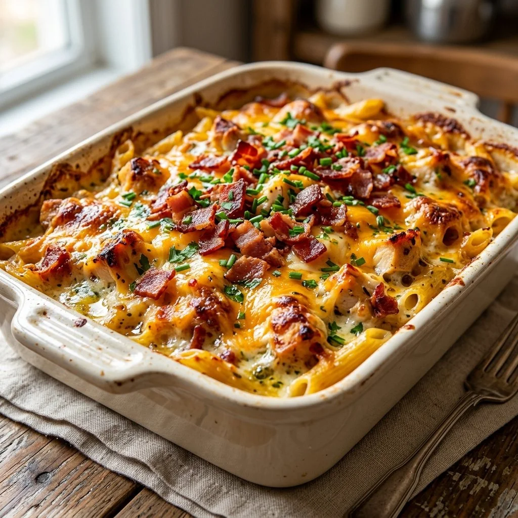 Chicken Bacon Ranch Casserole topped with crispy bacon and melted cheese