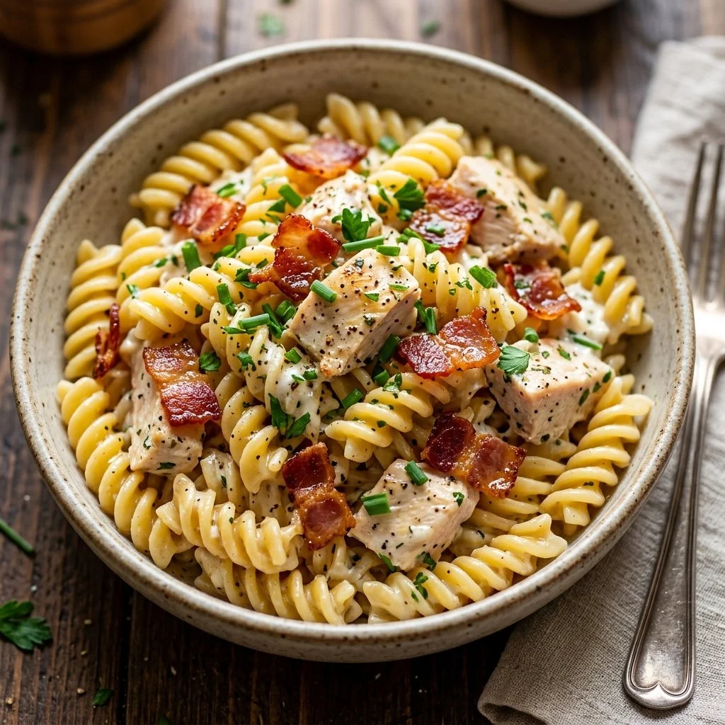 Delicious Chicken Bacon Ranch Pasta topped with crispy bacon and creamy sauce