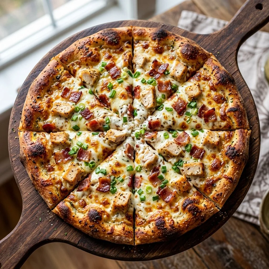 Delicious Chicken Bacon Ranch Pizza topped with crispy bacon and creamy ranch sauce.