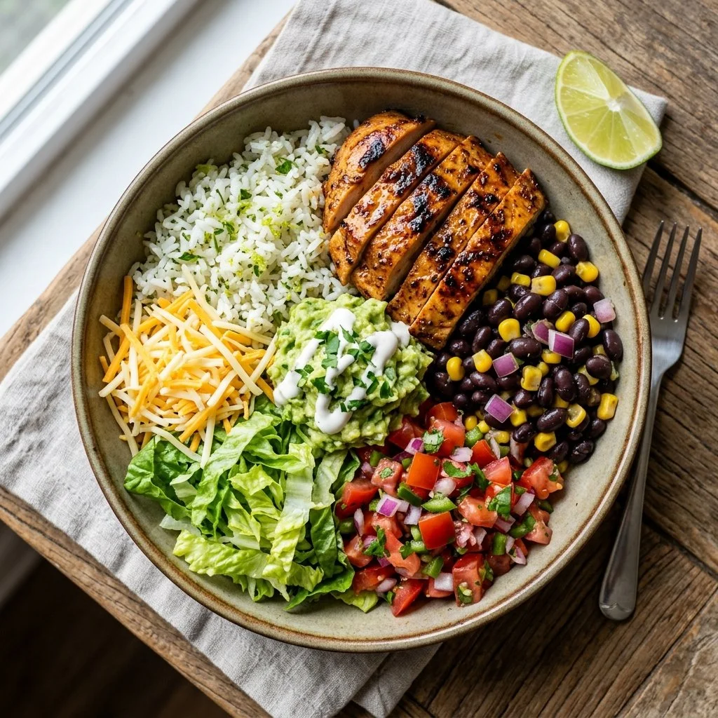 Delicious chicken burrito bowl with fresh toppings and ingredients