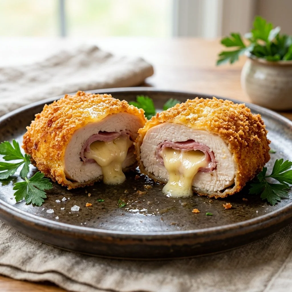 Delicious Chicken Cordon Bleu served with sides in a gourmet presentation.