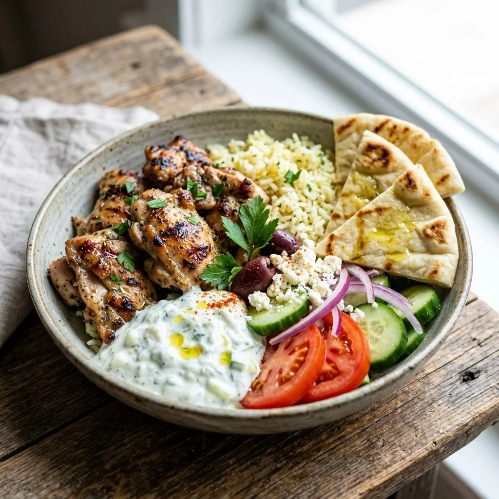 Delicious chicken gyro bowl with fresh veggies and sauces