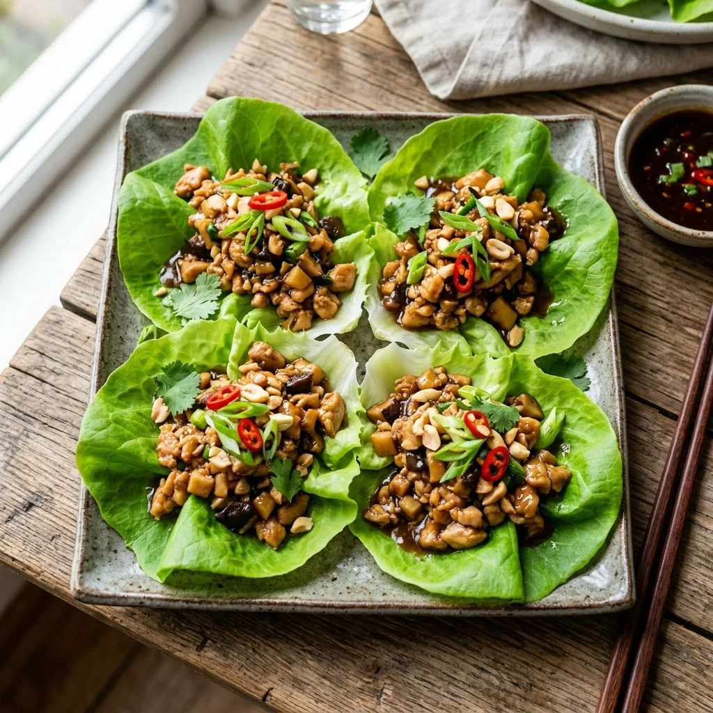 Delicious chicken lettuce wraps served on a plate