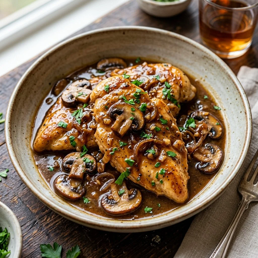 Delicious Chicken Marsala served with mushrooms and wine sauce