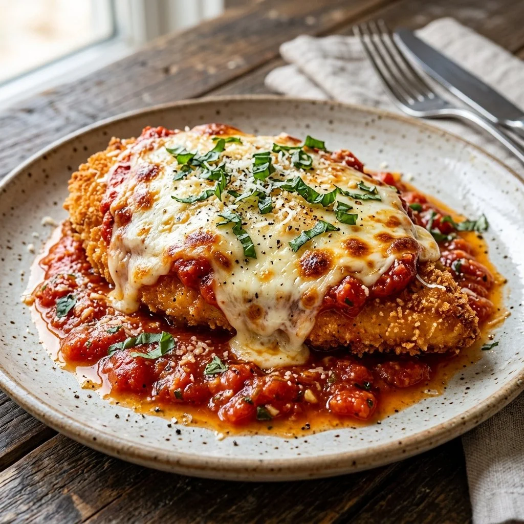 Delicious Chicken Parmesan served on a plate with marinara sauce and melted cheese.