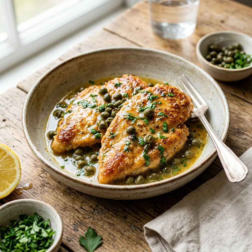 Delicious Chicken Piccata served with lemon and capers