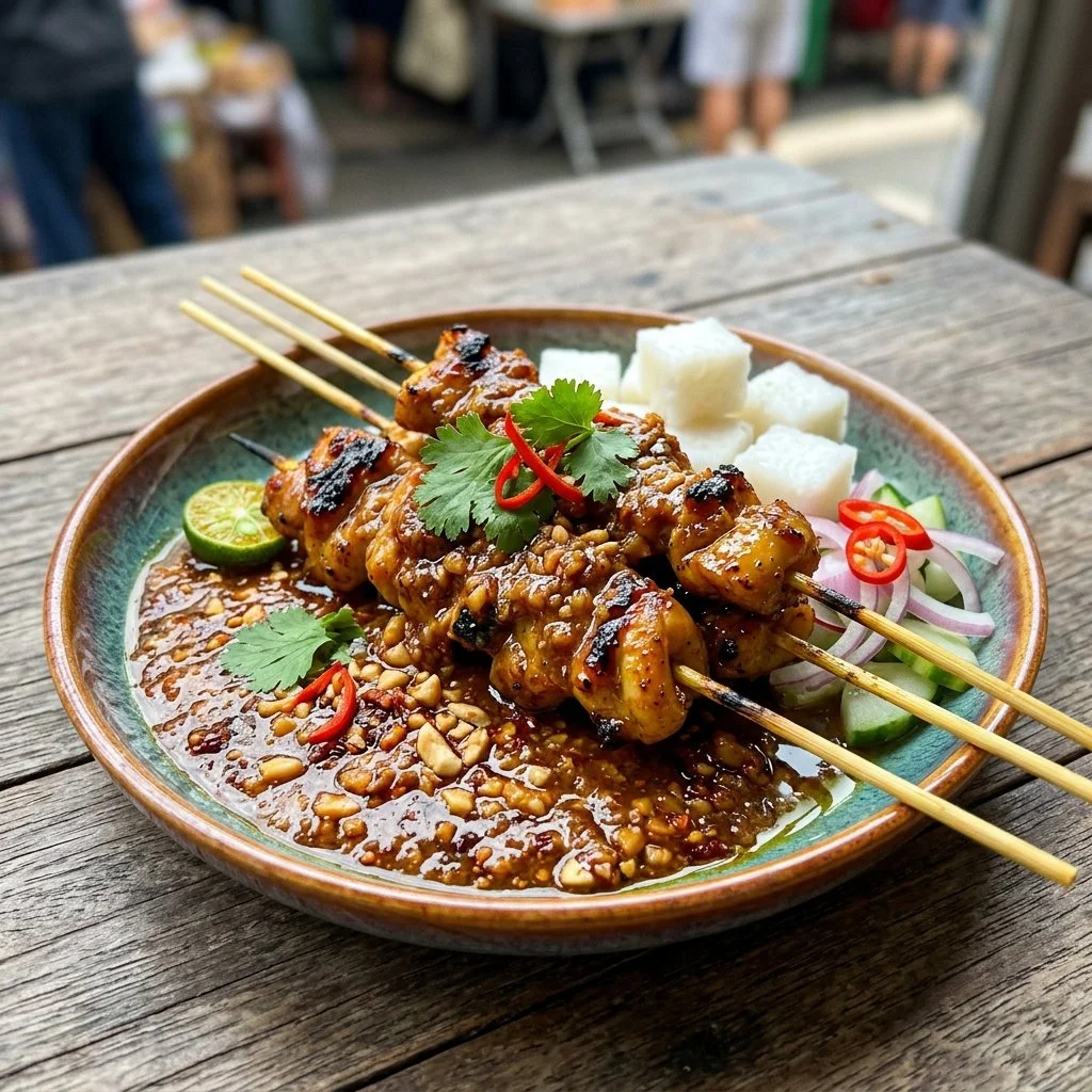 Grilled Chicken Satay skewers with peanut sauce
