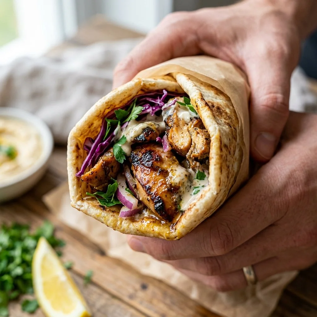 Delicious Chicken Shawarma wrap topped with fresh vegetables and sauces