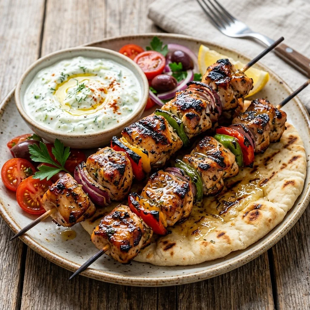 Grilled Chicken Souvlaki skewers served with fresh vegetables and sauce.