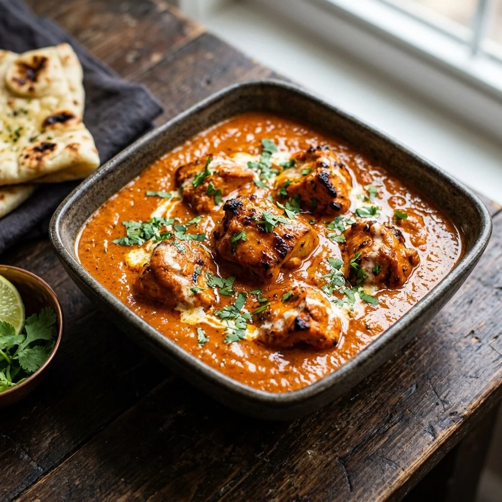 Delicious Chicken Tikka Masala served with rice and naan bread