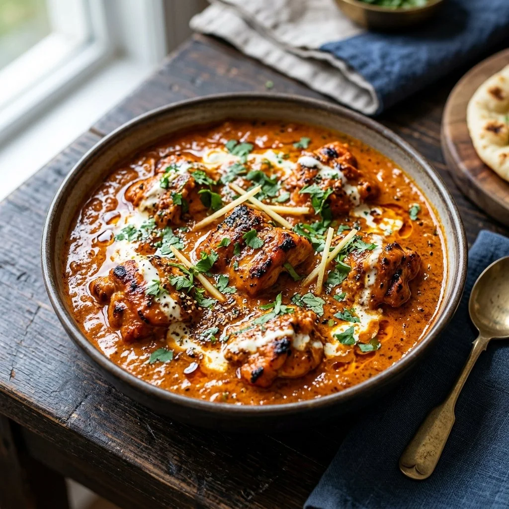 Delicious Chicken Tikka Masala served with rice and naan