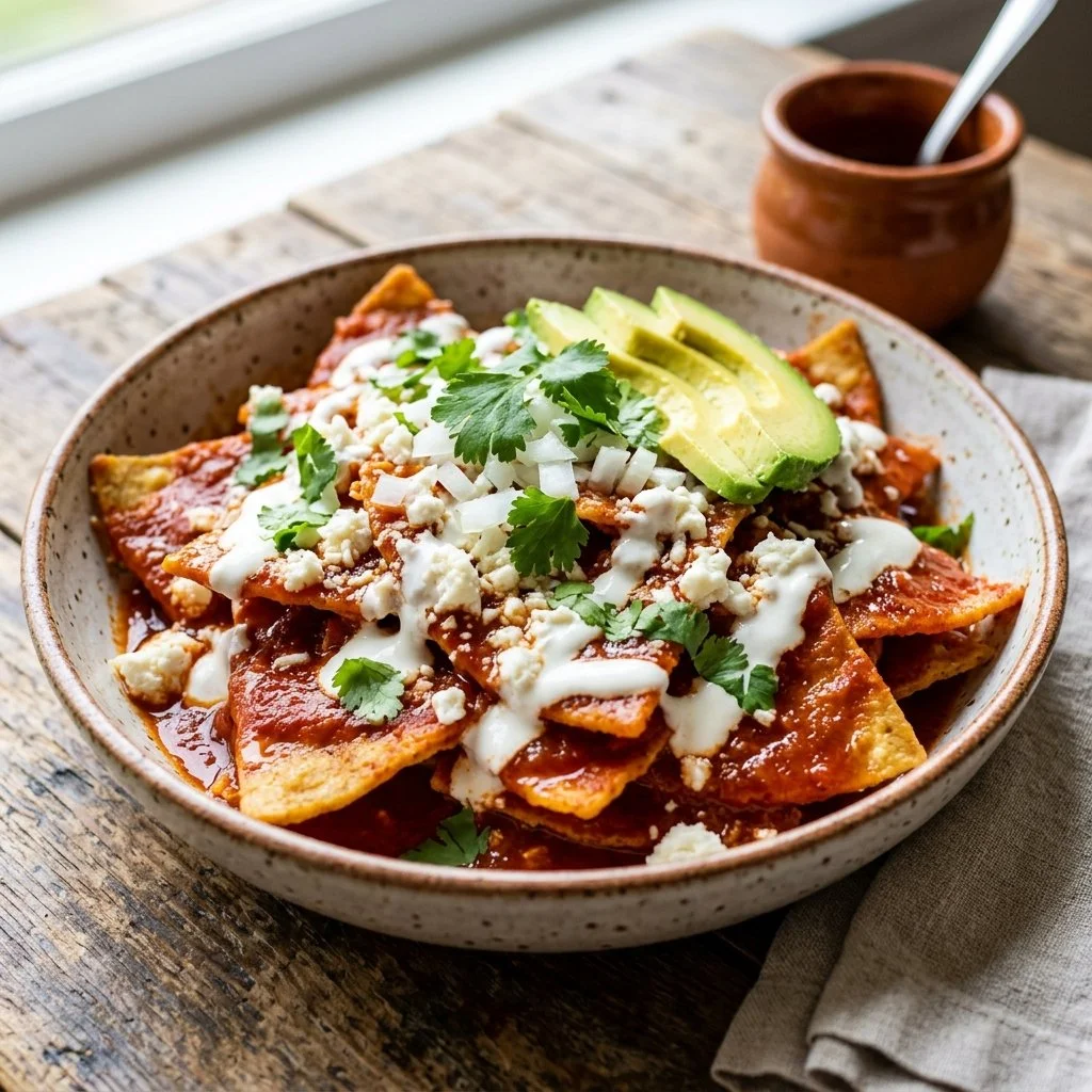 Delicious plate of chilaquiles rojos topped with avocado and queso fresco