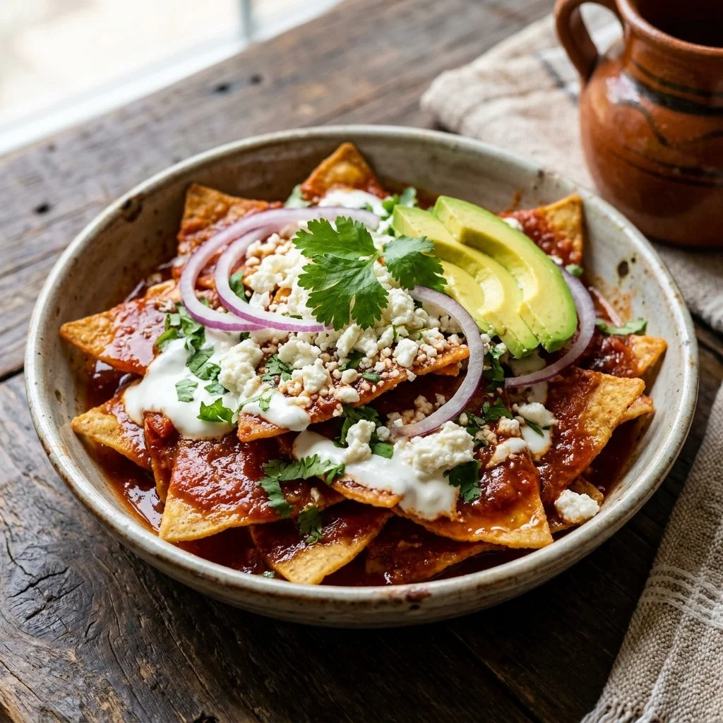 Delicious bowl of Chilaquiles Rojos topped with cheese and sauce
