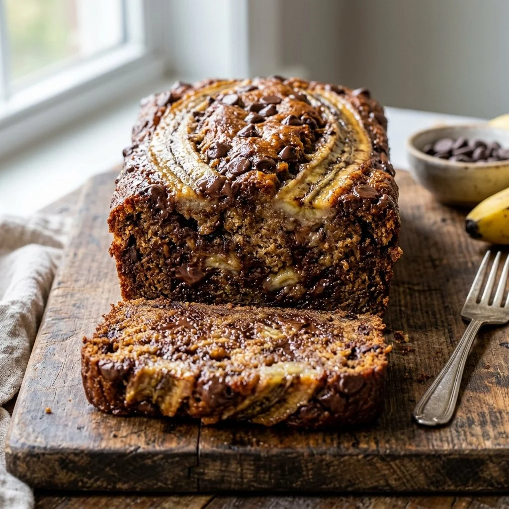 Slice of homemade chocolate chip banana bread on a wooden table