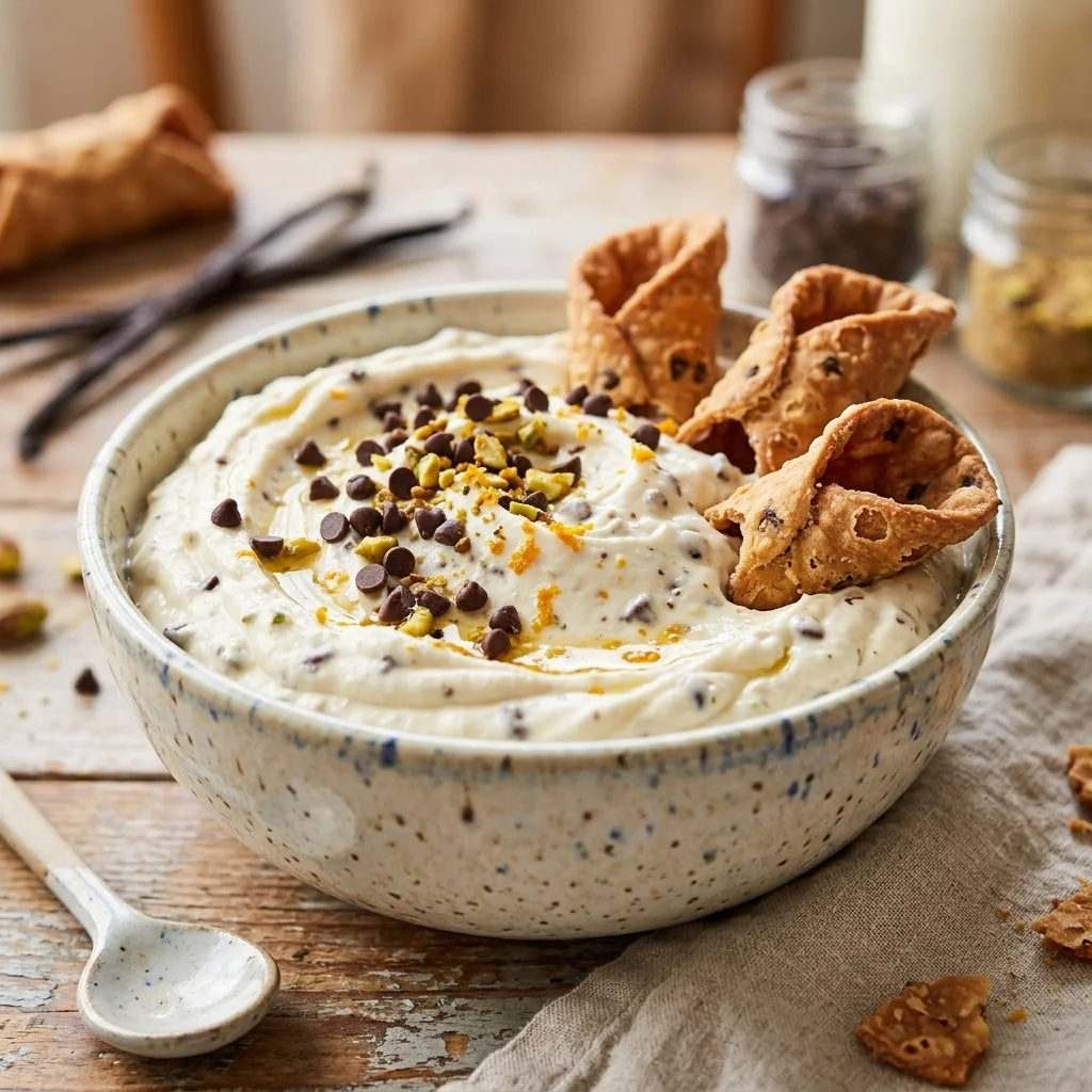 Creamy chocolate chip cannoli dip served with fresh fruit and cookies