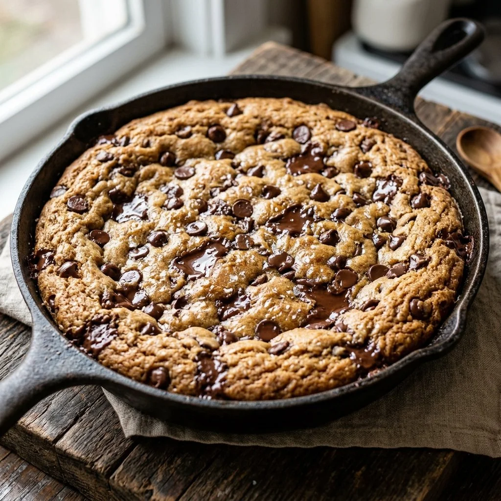 Chocolate Chip Skillet Cookie fresh from the oven, served warm in a cast iron skillet.