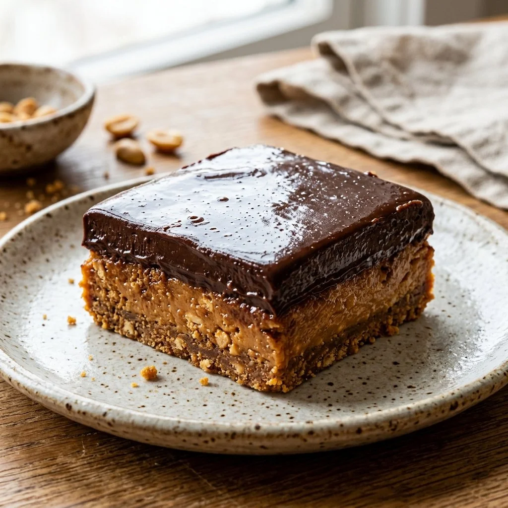 Homemade Chocolate Peanut Butter Bars on a wooden table