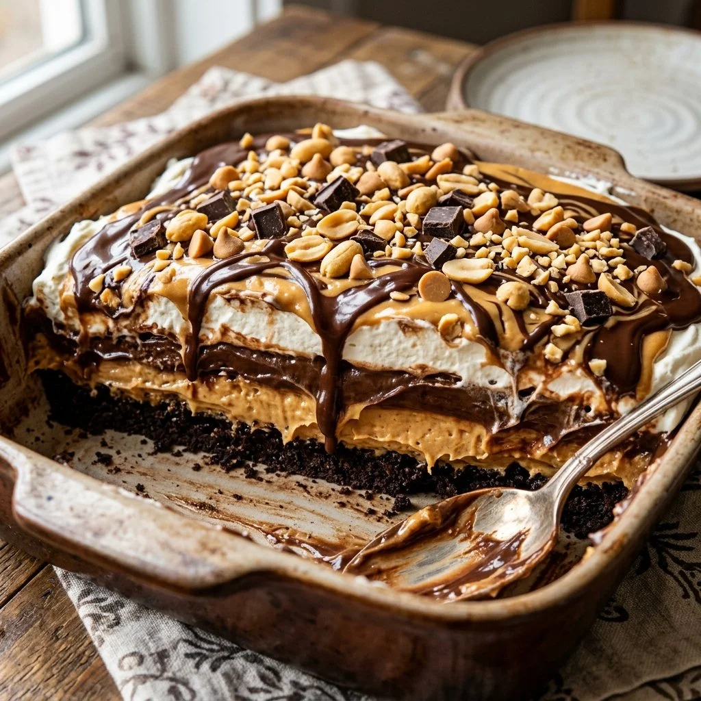 Layered Chocolate Peanut Butter Lasagna dessert with creamy layers and chocolate chips