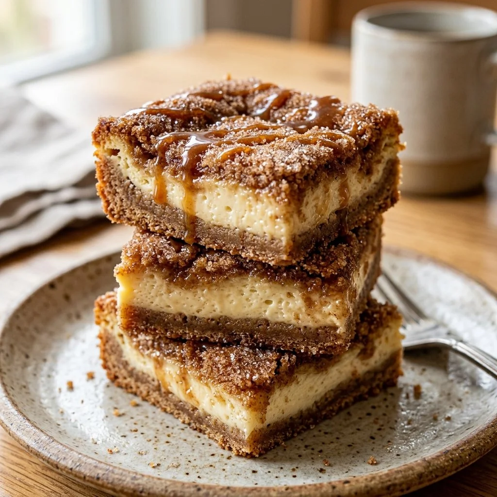 Delicious Churro Cheesecake Bars topped with cinnamon sugar and drizzled with caramel.