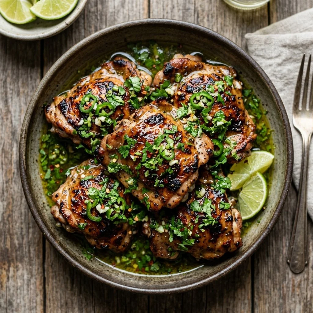 Cilantro lime chicken served with fresh herbs and lime wedges