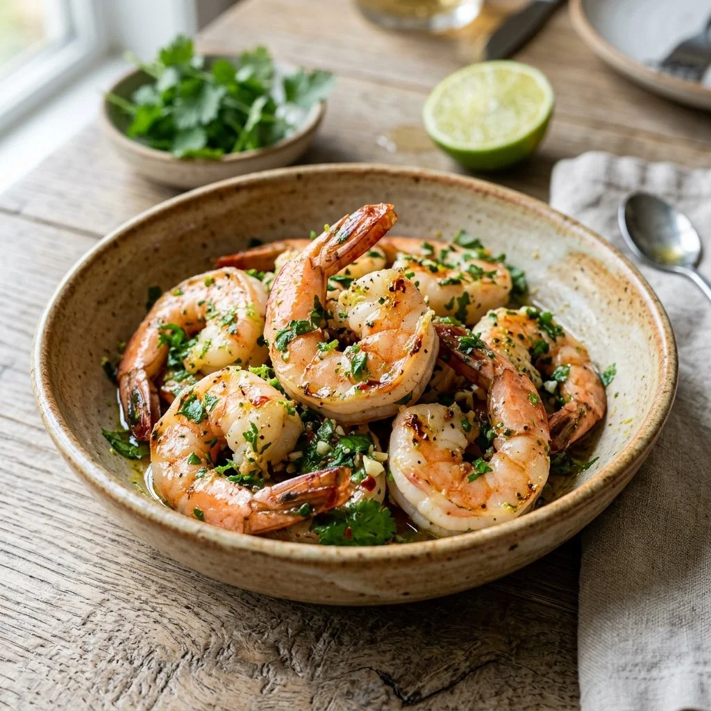 Delicious cilantro lime shrimp served with fresh lime and cilantro garnish