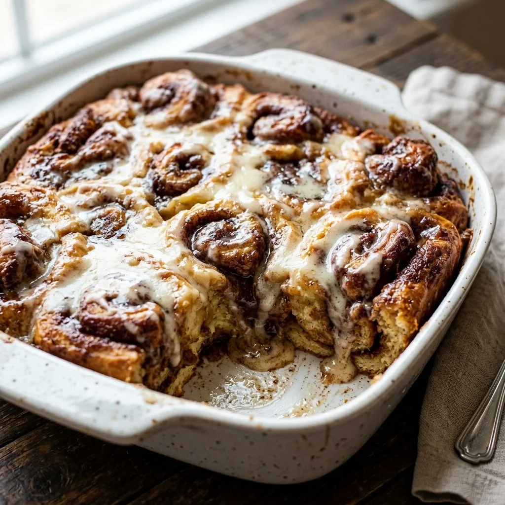 Delicious cinnamon roll casserole topped with icing