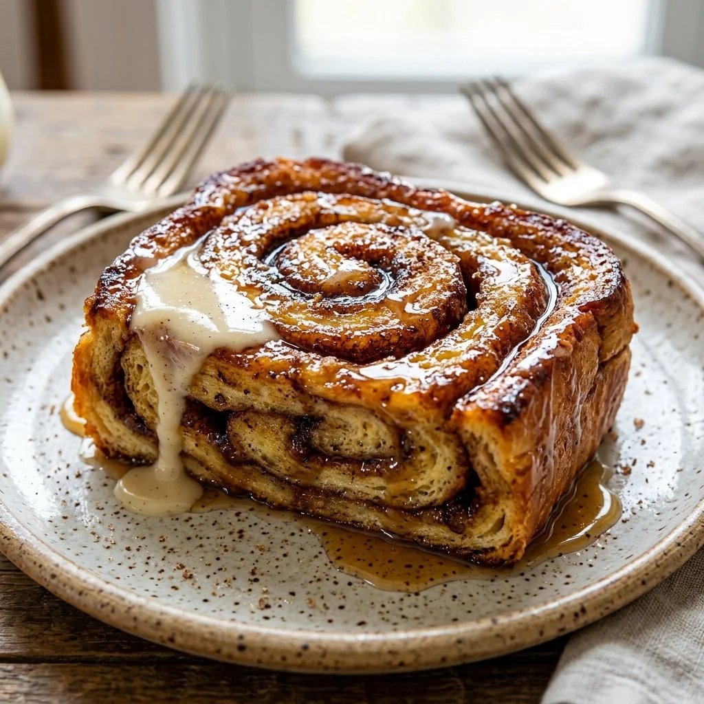 Delicious cinnamon roll French toast topped with icing and berries on a plate.