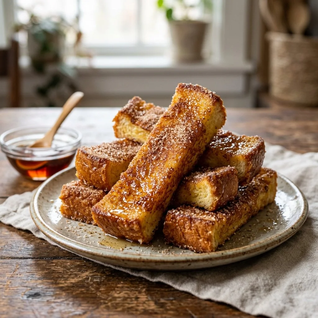 Plate of Cinnamon Sugar French Toast Sticks with syrup and berries