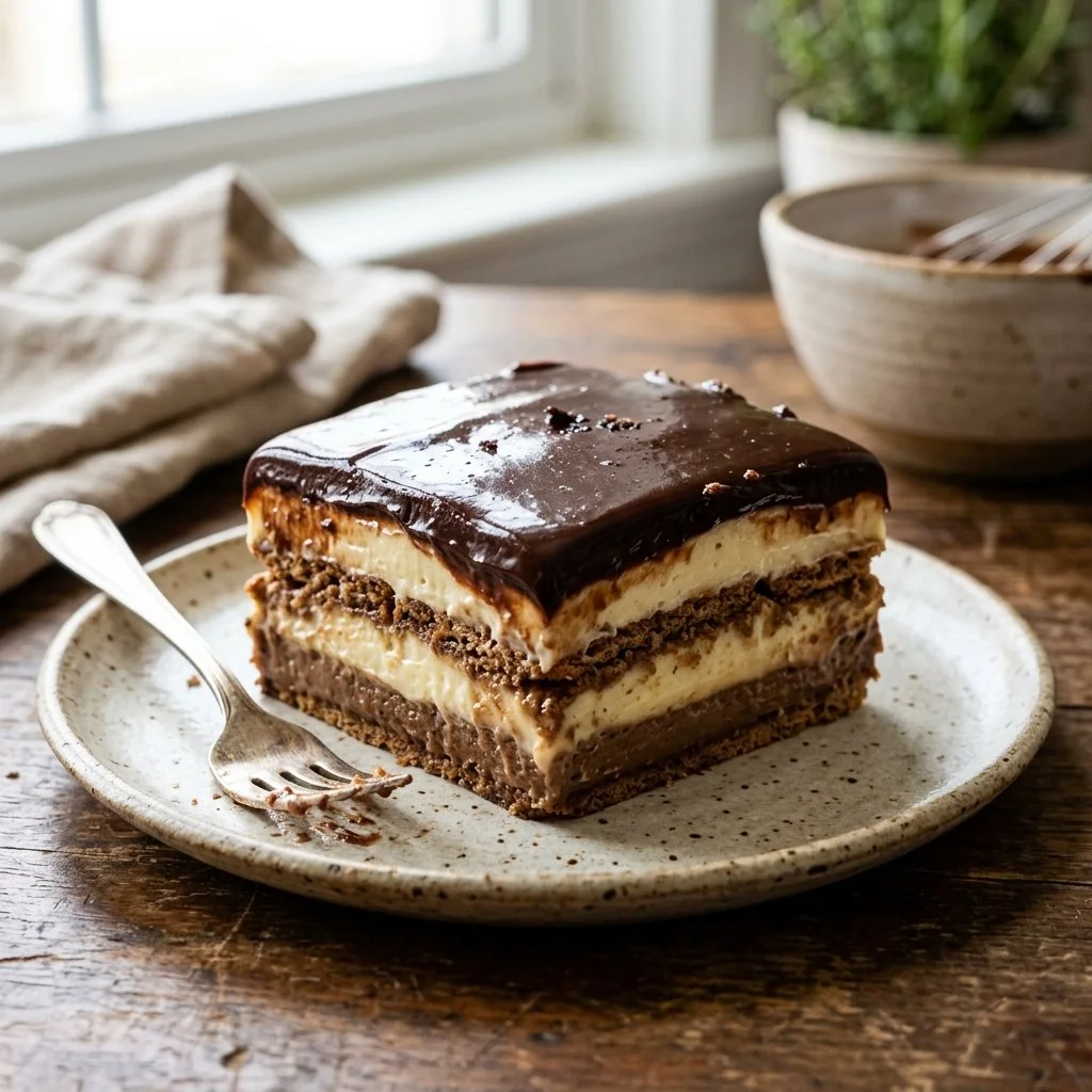 Delicious classic eclair cake topped with chocolate ganache and cream filling.