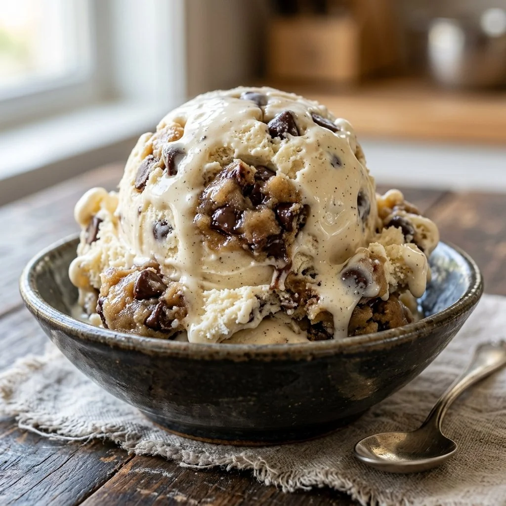 Delicious bowl of cookie dough ice cream with chocolate chip pieces.