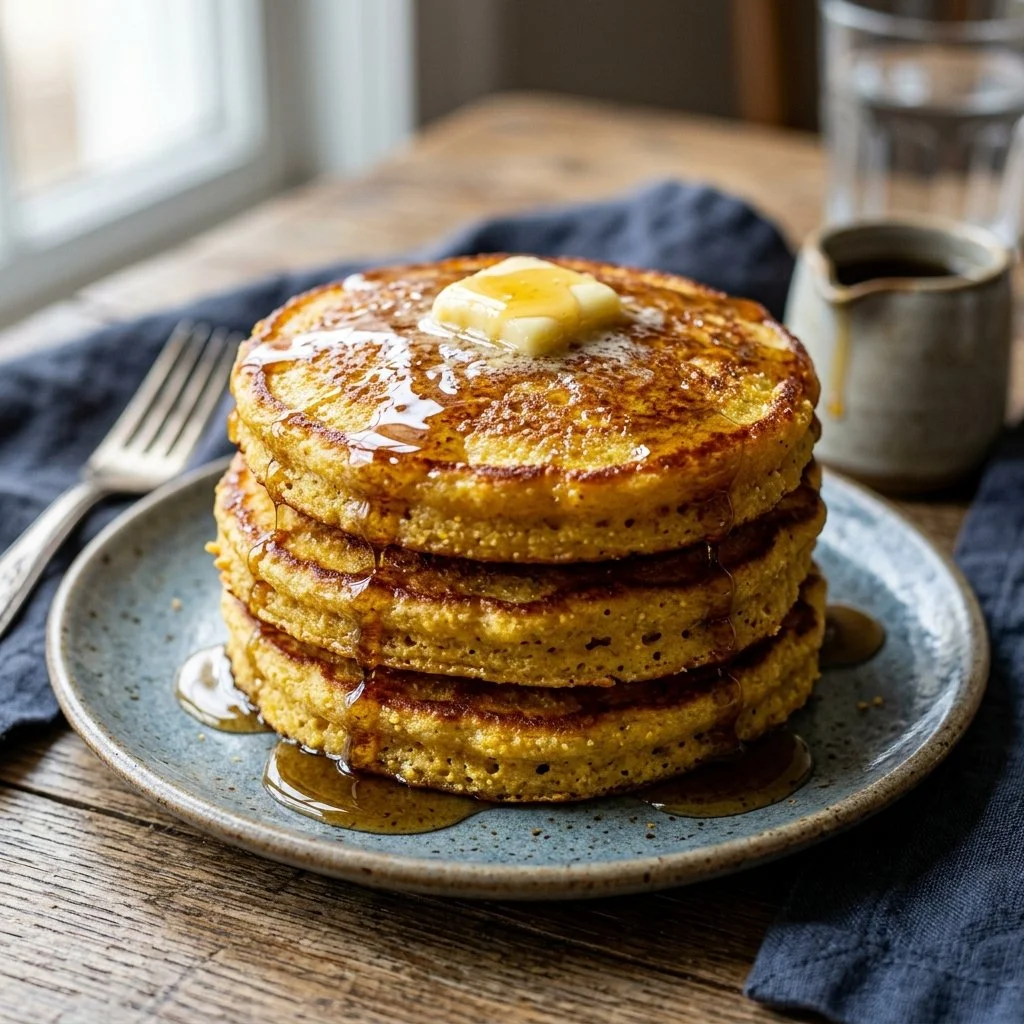Delicious cornbread pancakes topped with syrup and berries