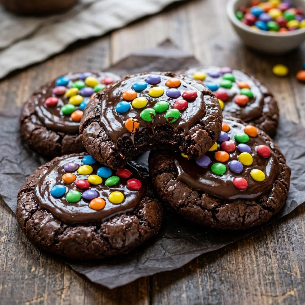 Delicious Cosmic Brownie Cookies topped with colorful sprinkles and chocolate chips