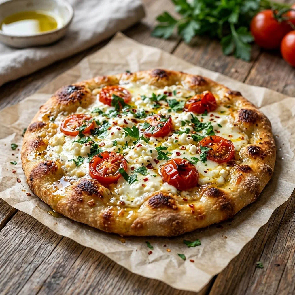Homemade Cottage Cheese Flatbread topped with fresh ingredients