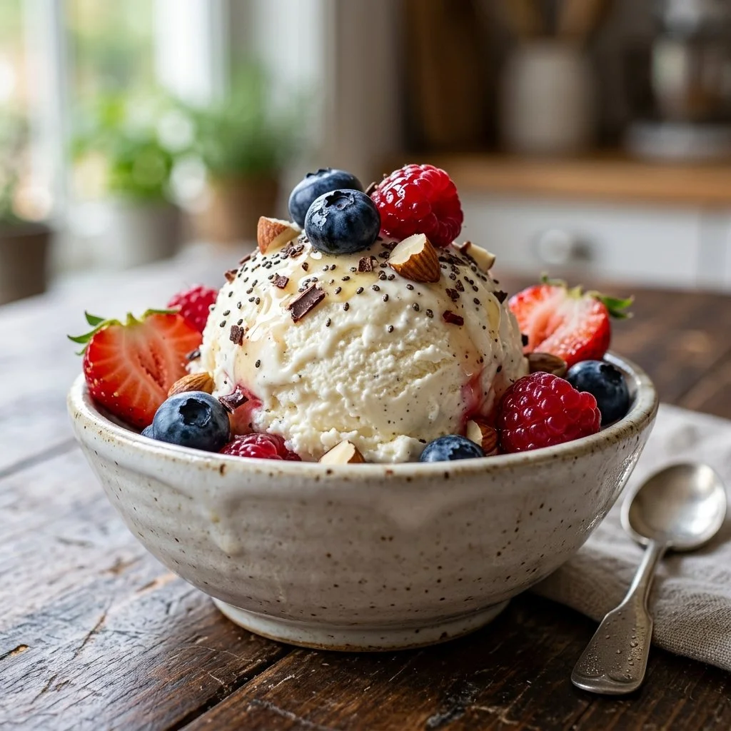 Bowl of cottage cheese ice cream topped with fresh berries