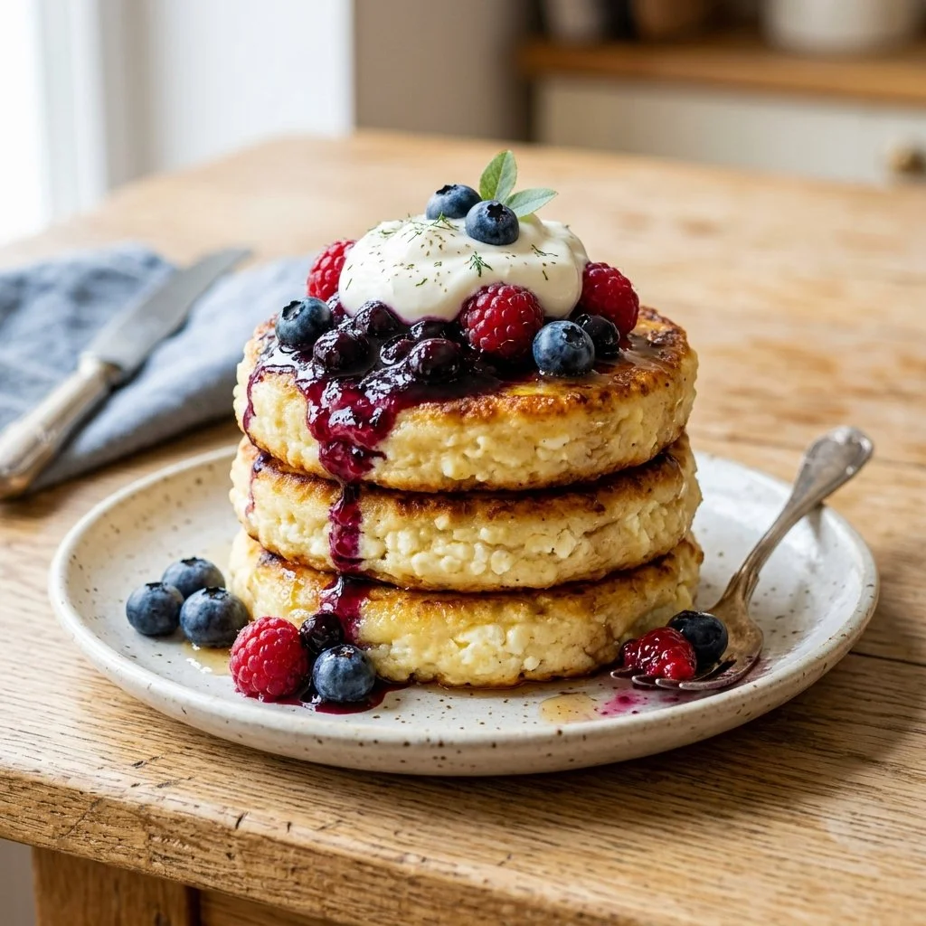 Plate of delicious cottage cheese pancakes topped with berries and syrup