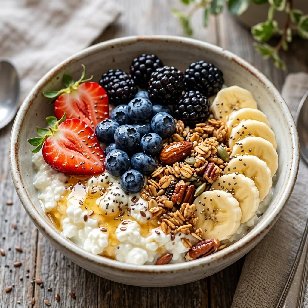 Cottage cheese protein bowl with fruits and nuts for a healthy meal