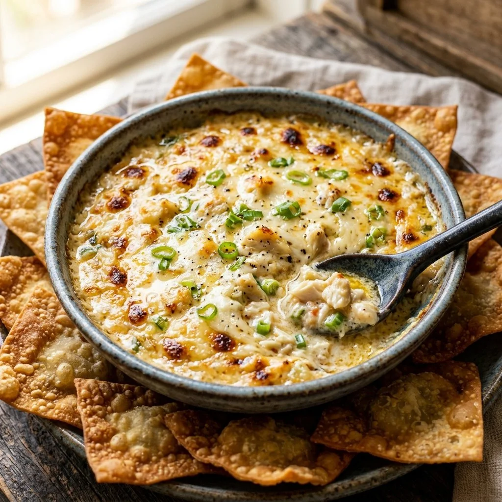 Creamy crab rangoon dip served in a bowl with crispy wonton chips