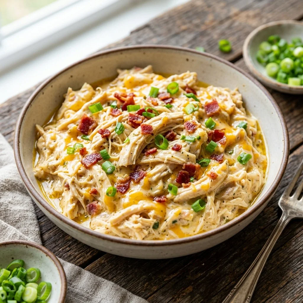Delicious bowl of Crack Chicken with creamy sauce and garnishes