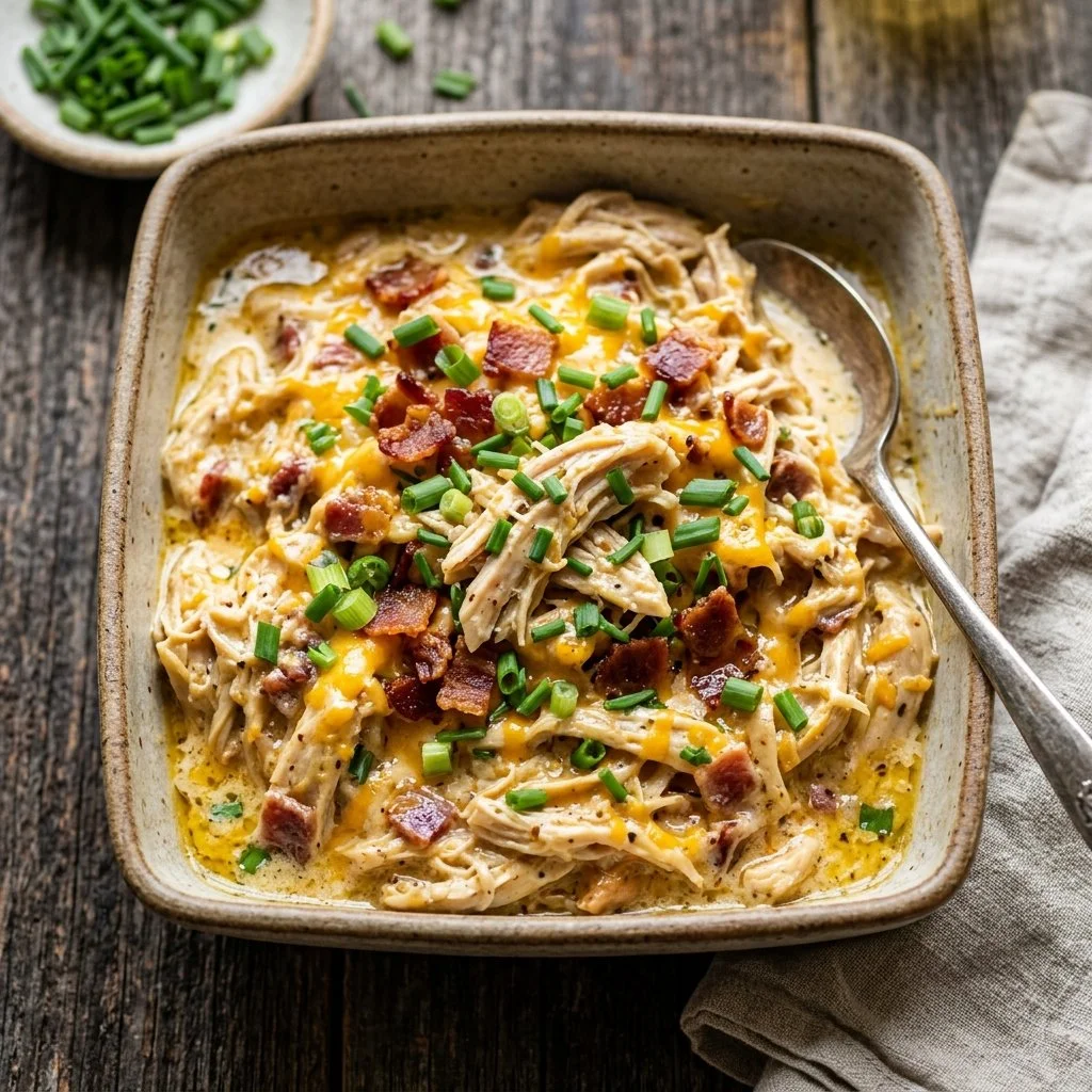 Delicious Crack Chicken served on a plate with fresh herbs garnish