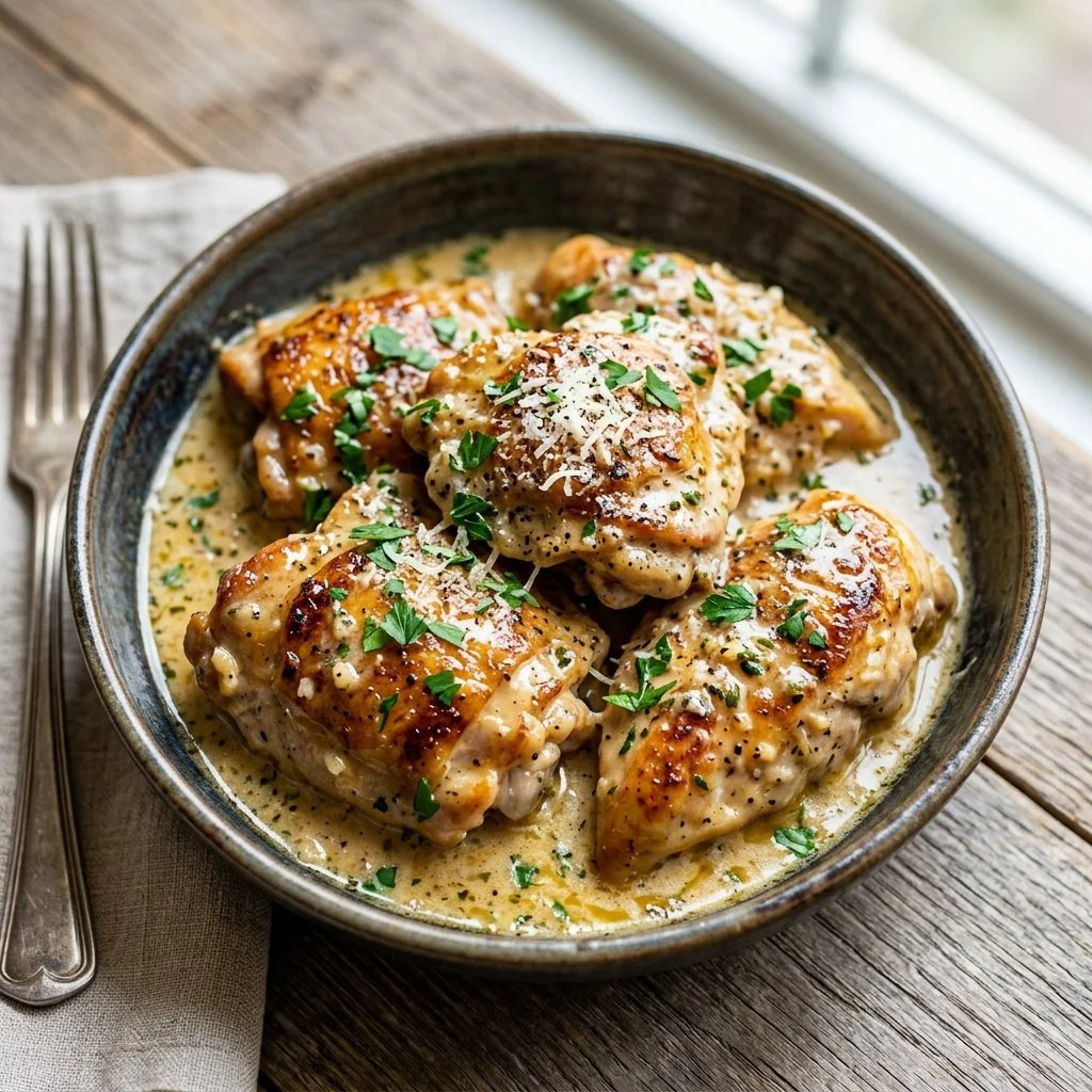 Creamy garlic chicken served with herbs and spices for a flavorful dish