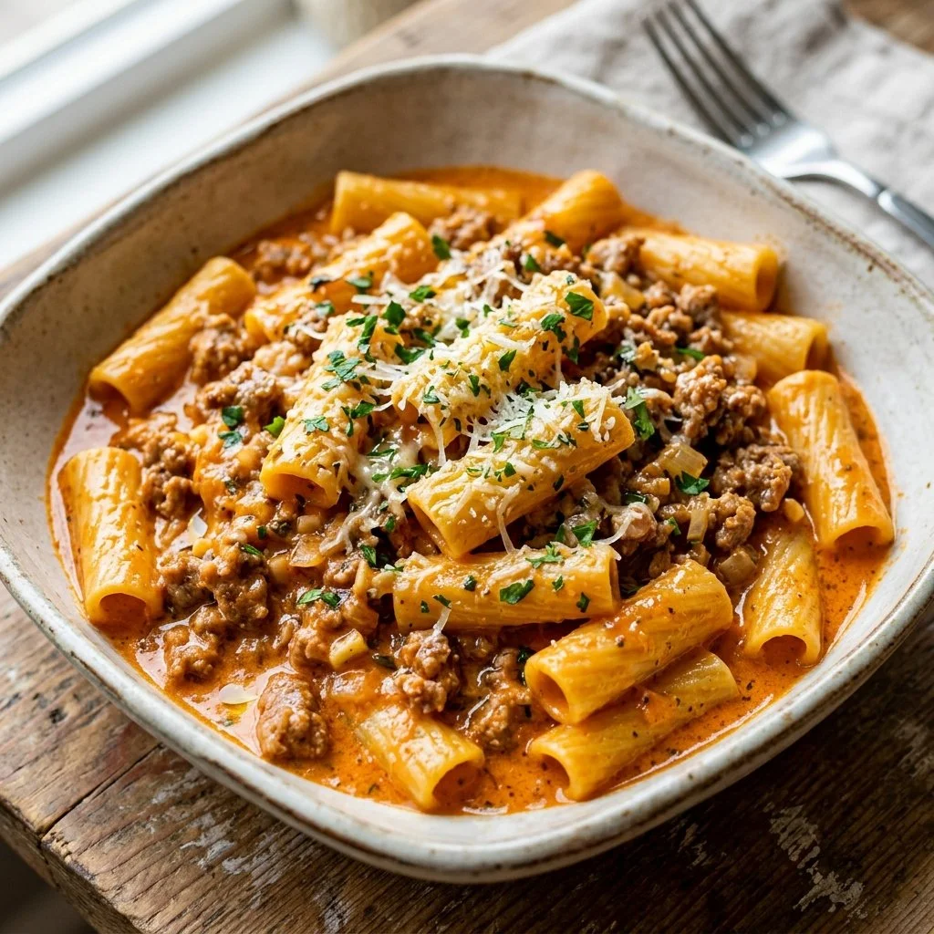 Creamy ground turkey pasta served in a bowl with fresh herbs on top.