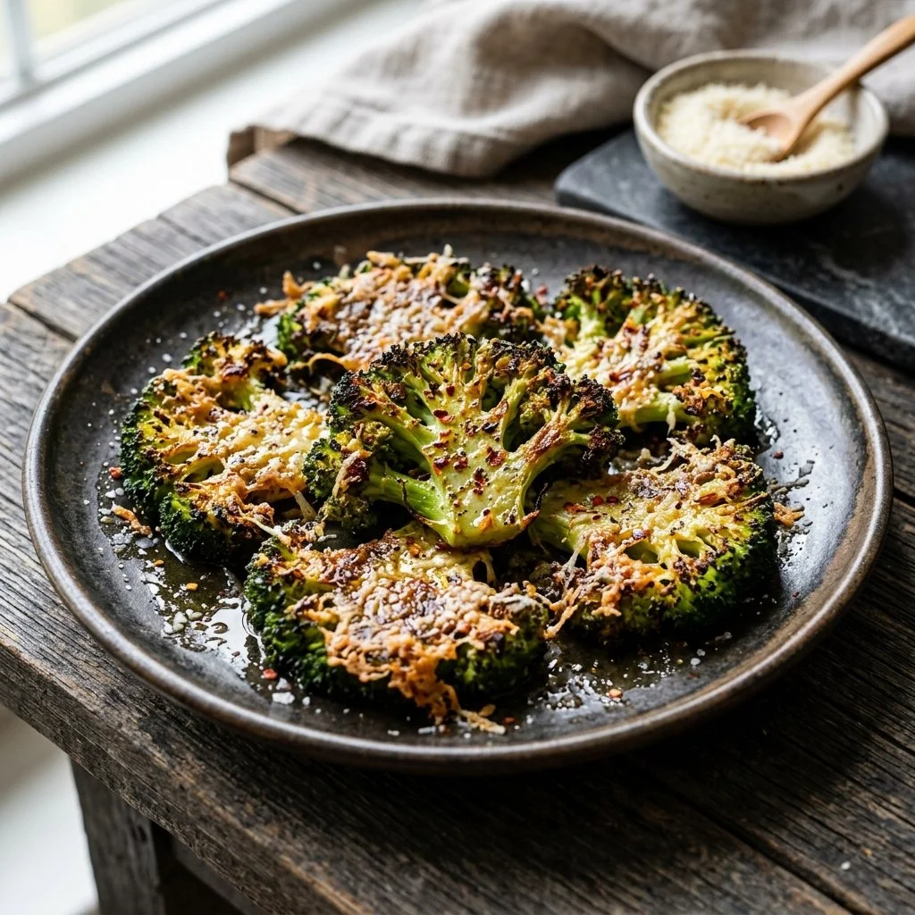 Plate of crispy smashed broccoli with seasoning and drizzle
