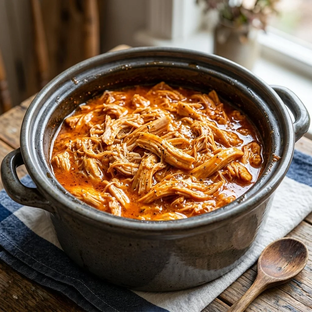 Crockpot Buffalo Chicken served in a bowl with celery sticks and blue cheese dressing.