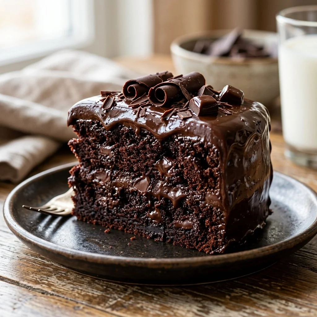 Deliciously rich death by chocolate cake topped with chocolate ganache.