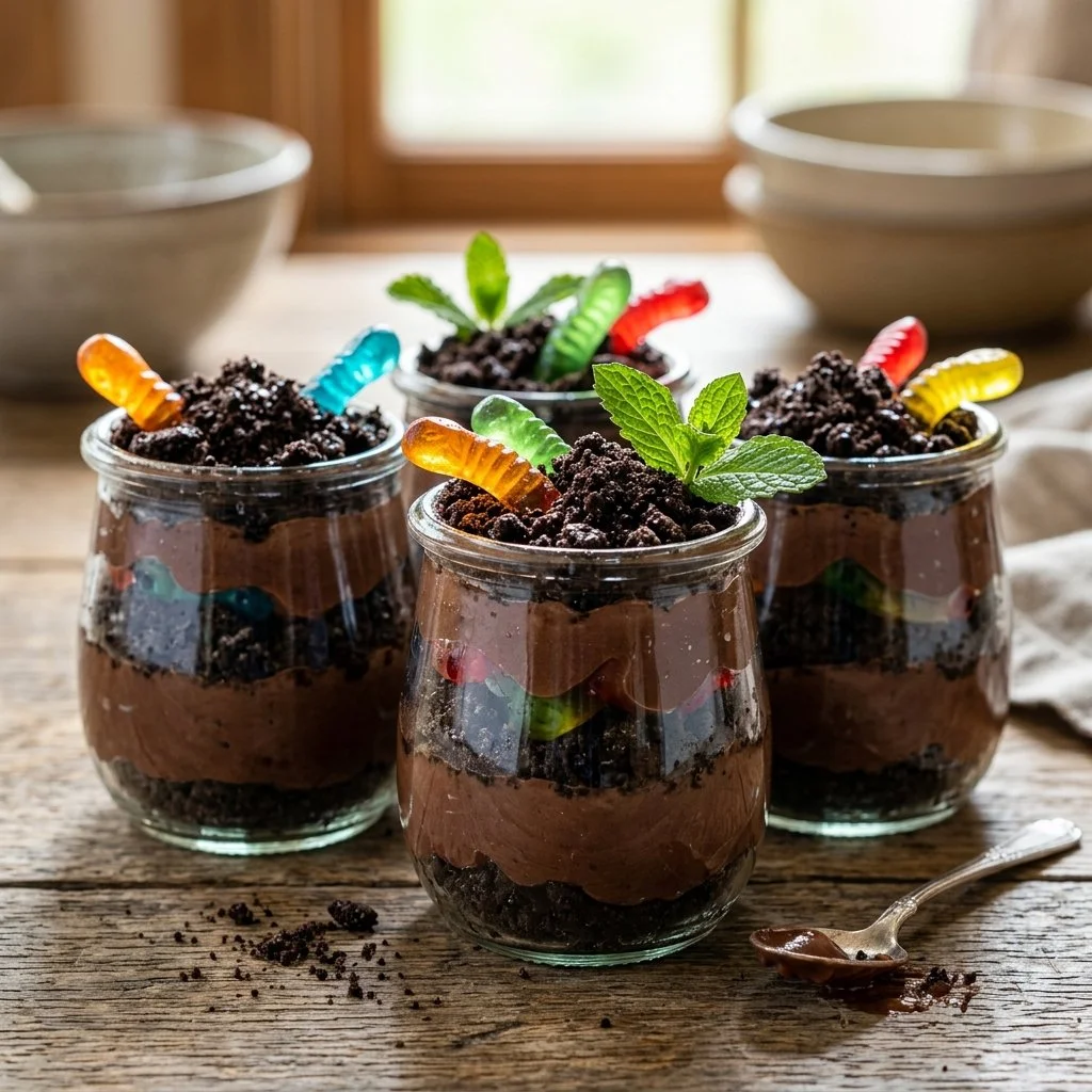 Delicious Dirt Pudding Cups with chocolate and gummy worms